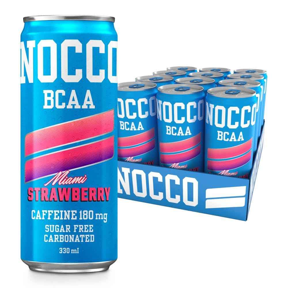 NOCCO Sugar Free Energy Drink ? BCAA, 180mg High Caffeine, with Amino Acids & Vitamins, Ideal for Pre Workout ? 12 x 330ml (Miami Strawberry)