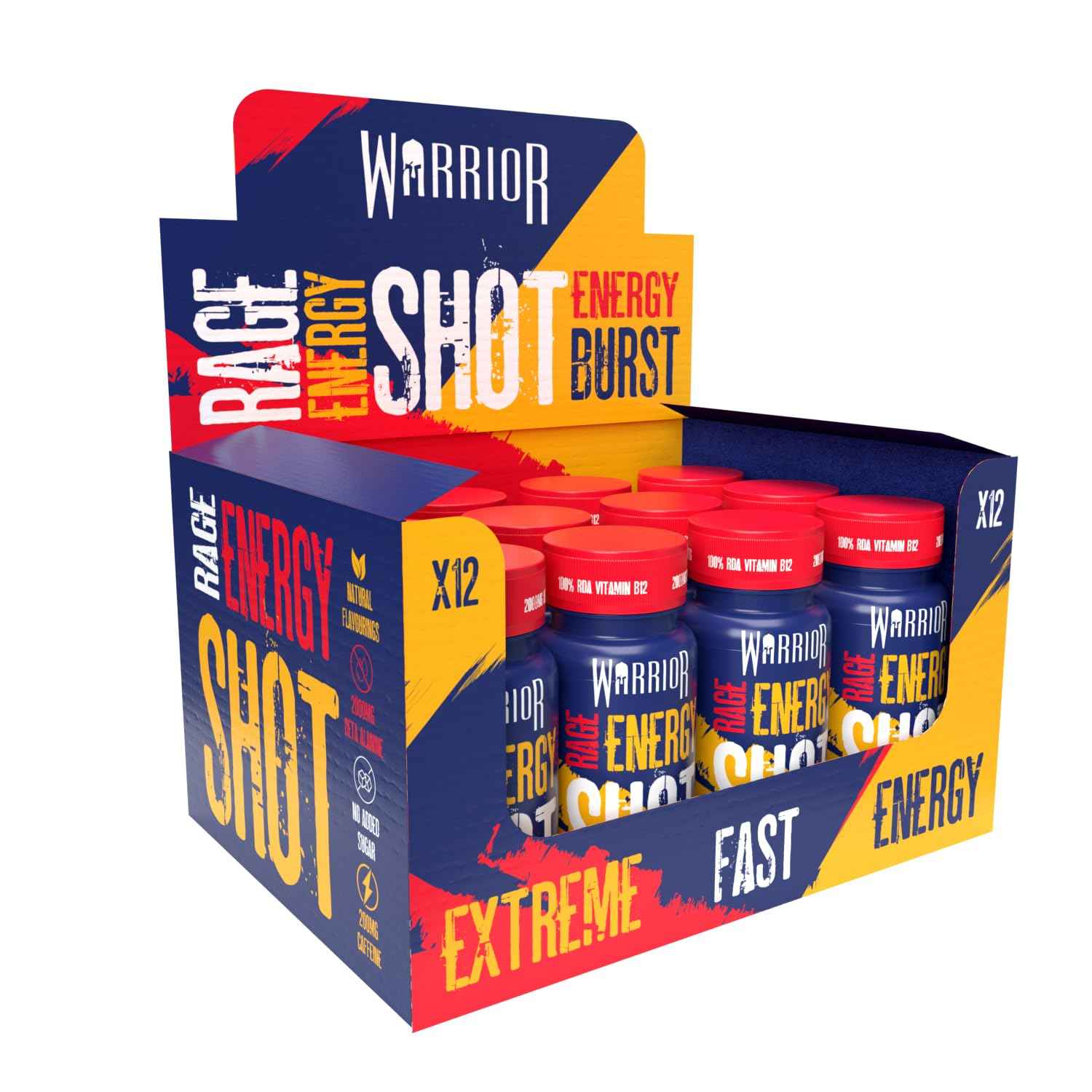 Warrior Rage Energy Shots - Pre Workout Shot Drink 12 x 60ml - RTD Fuel Juice Supplement (Liquid not Gels) - 200mg Caffeine to Lift Sessions and
