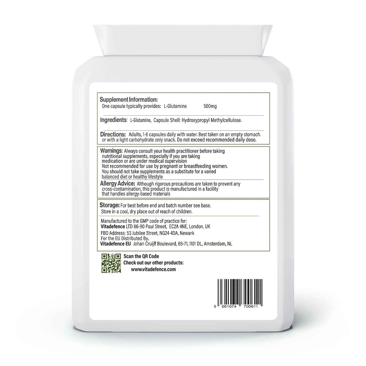 L-Glutamine | Pure Amino Acid 500mg – 90 Capsules