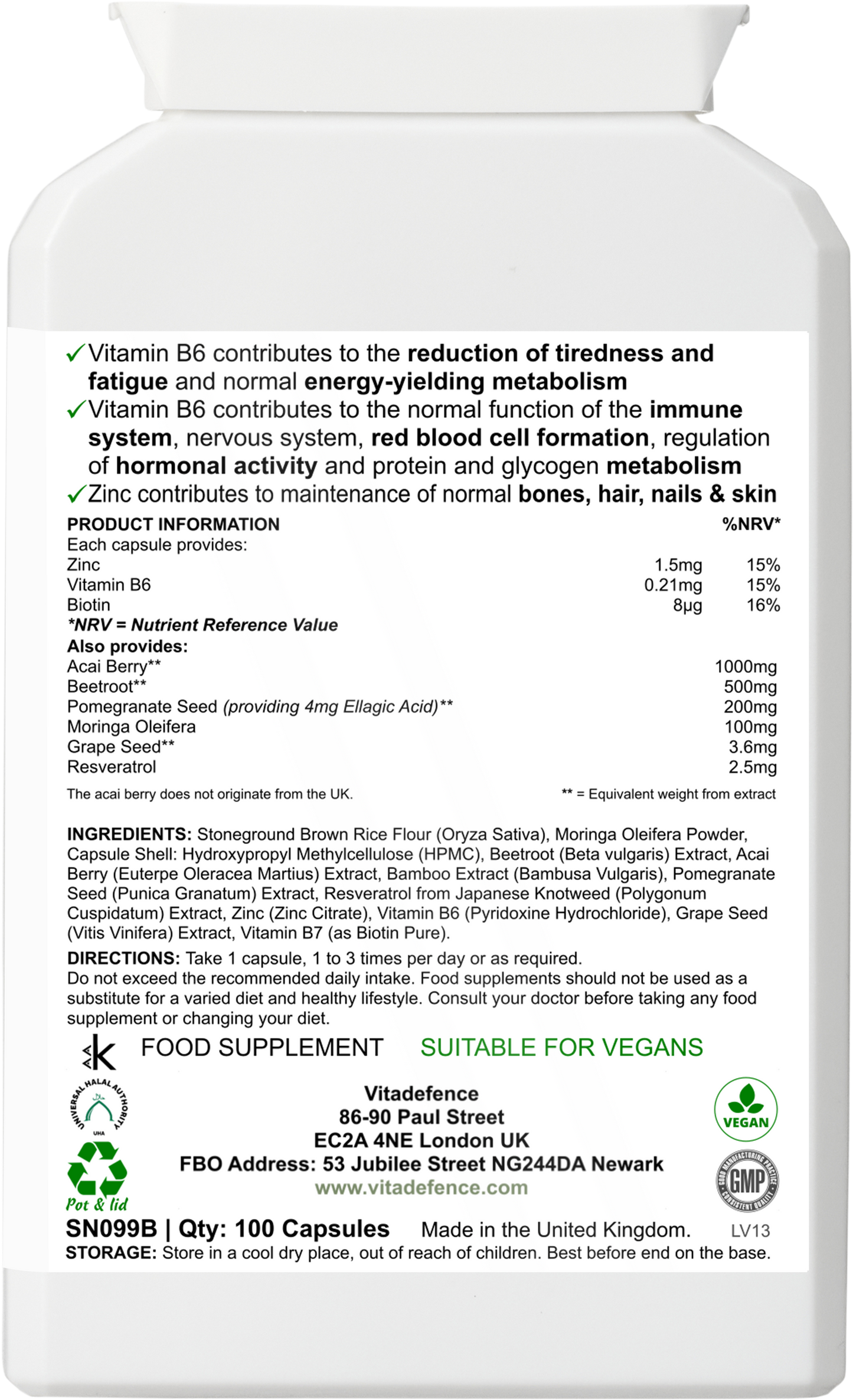 Acai Berry Capsules | With Vitamin B6, Zinc & Biotin – 100 Vegan Capsules