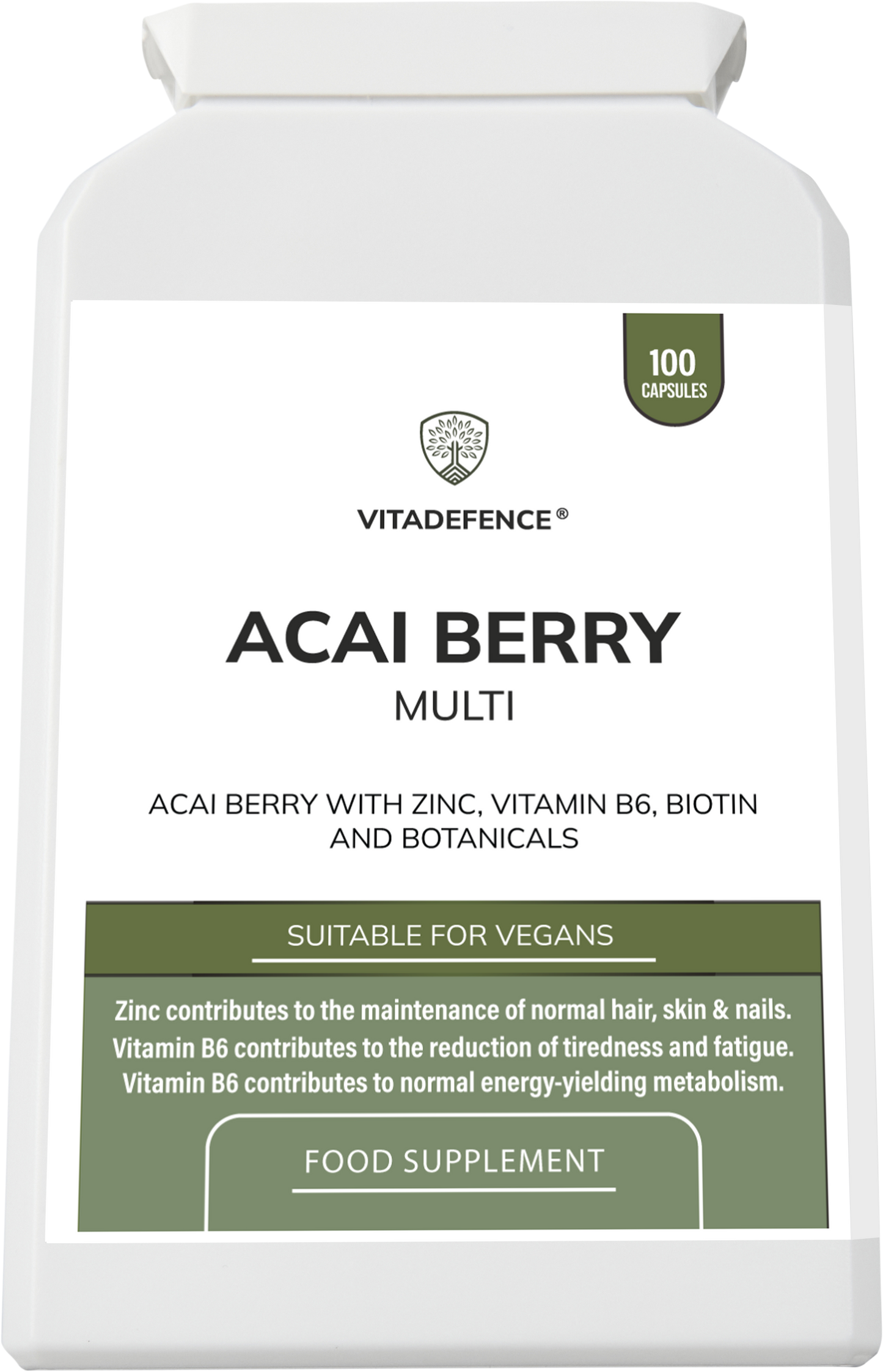 Acai Berry Capsules | With Vitamin B6, Zinc & Biotin – 100 Vegan Capsules