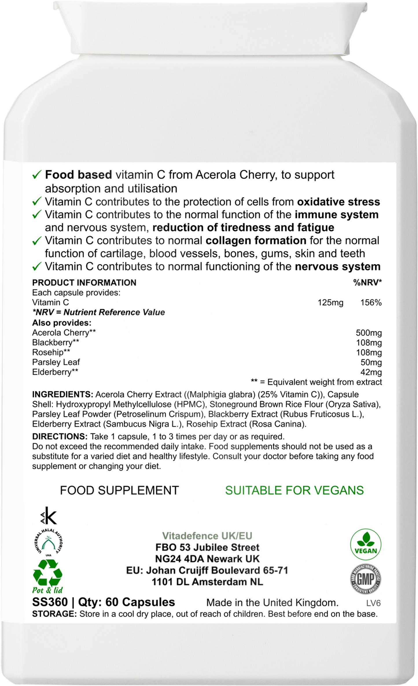 Vitamin C Capsules | Food-Based Acerola Vitamin C – 60 Vegan Capsules