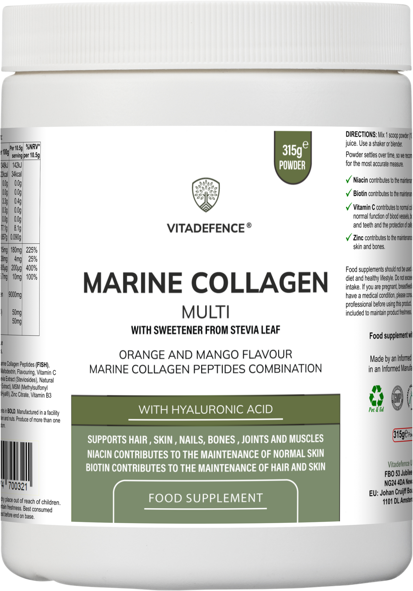 Marine Collagen Multi | Orange & Mango Flavour Powder with Hyaluronic Acid, MSM, Vitamins & Minerals – 315 g
