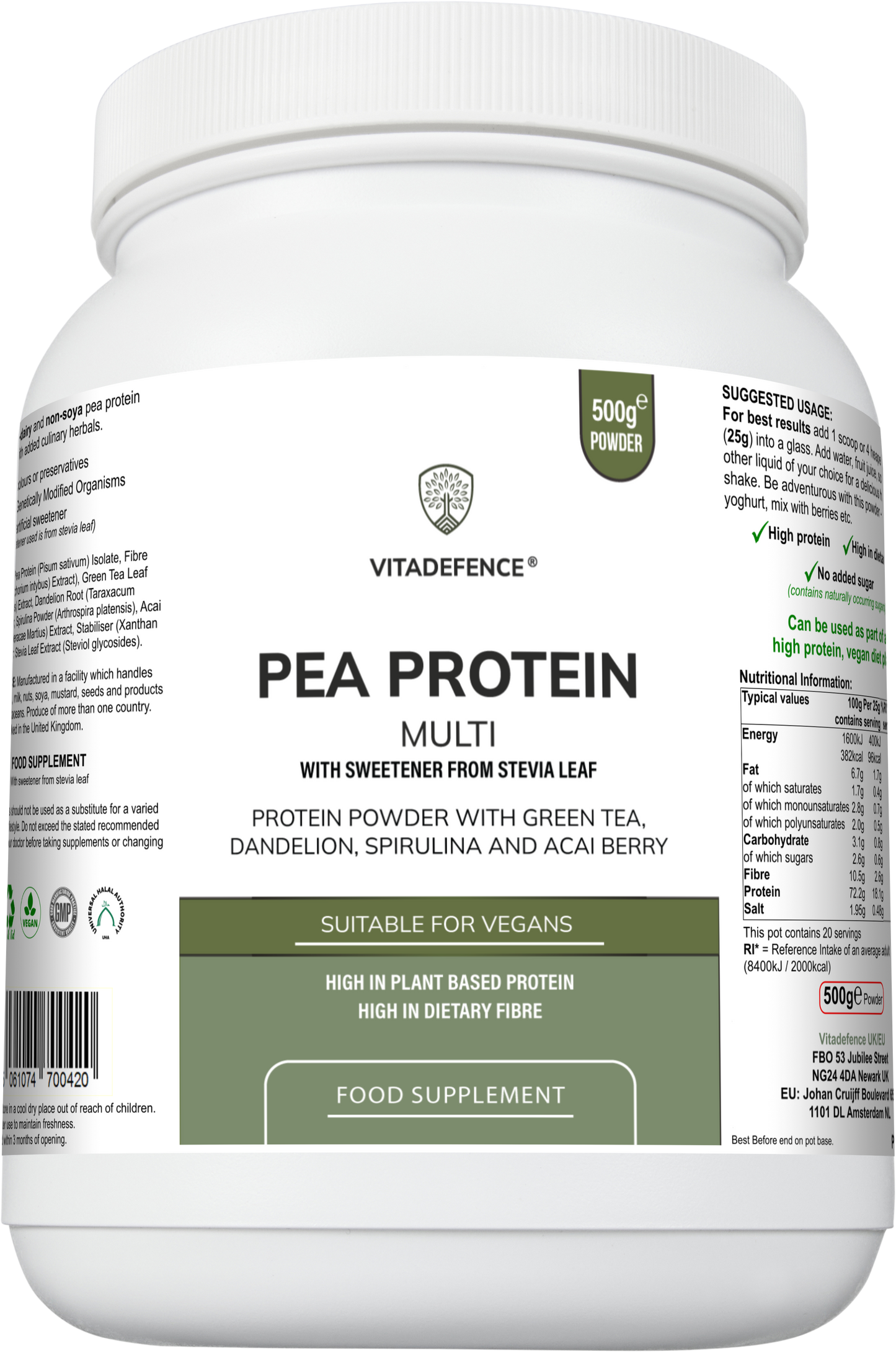 Pea Protein Multi | Plant-Based Protein Powder with Green Tea, Spirulina, Açai & Dandelion – 500 g