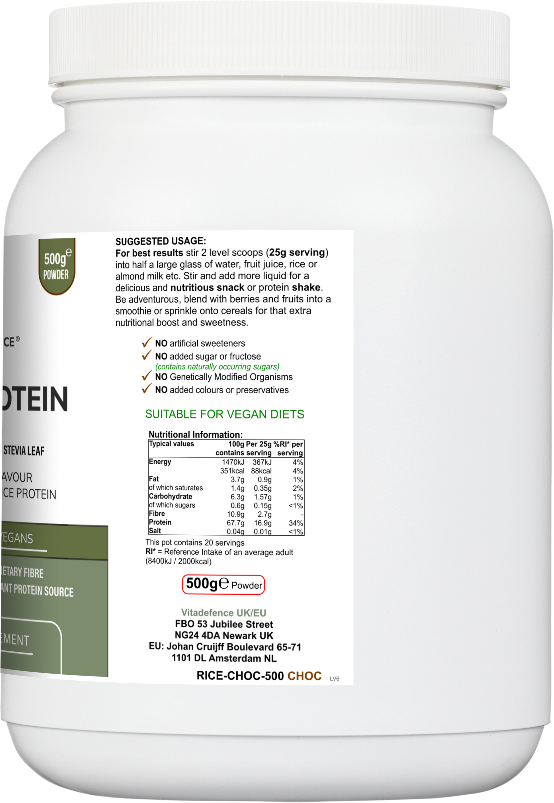 Rice Protein Multi | Chocolate Flavour Powder with Green Tea & Guarana – 500 g