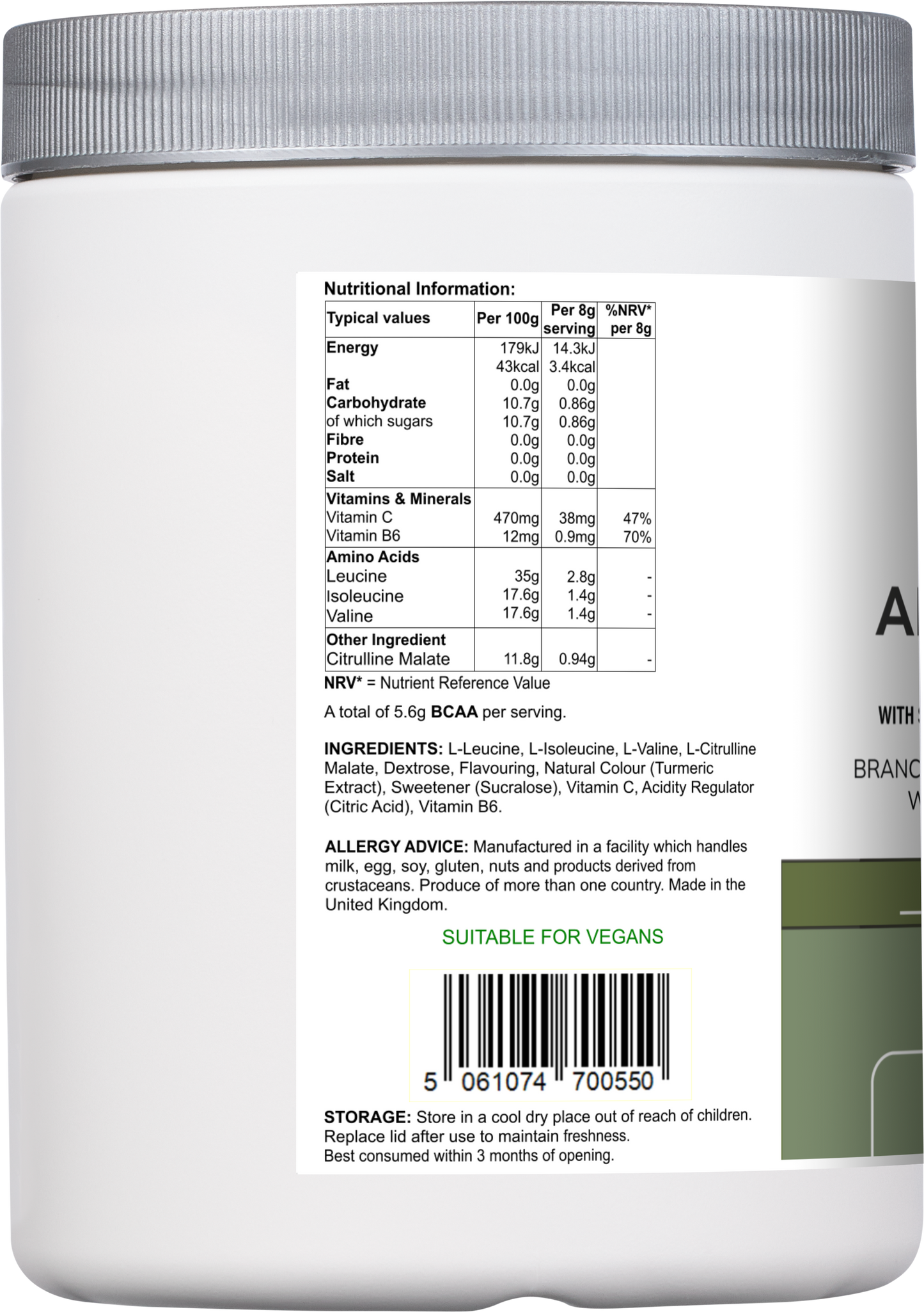 Amino Acid Multi | Lemon & Lime Flavour with Citrulline Malate, BCAAs & Vitamins – 300 g