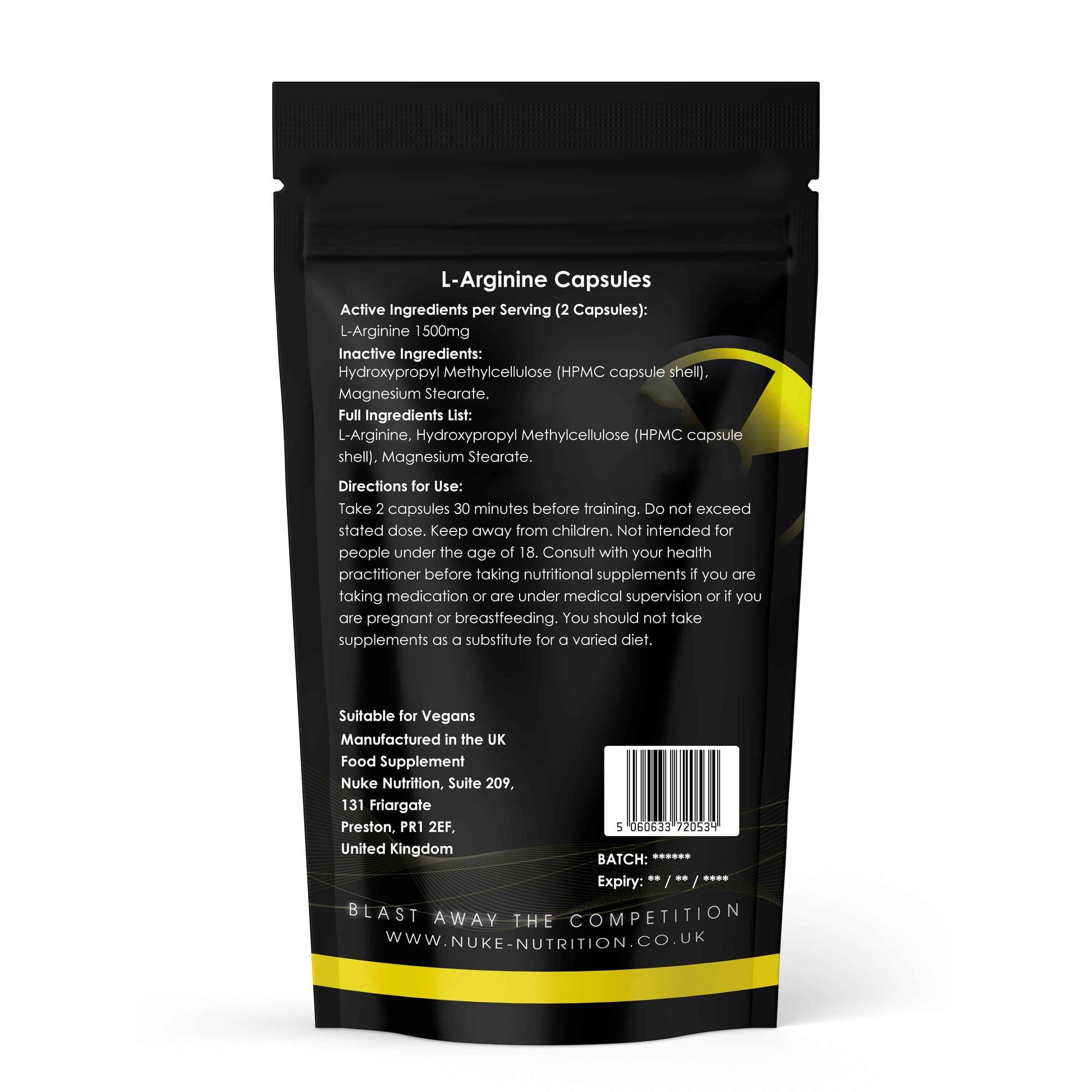 L-Arginine 1500mg High Strength Pre Workout Nitric Oxide Pump Capsules